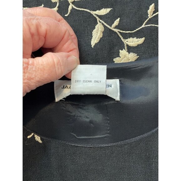 Vintage JACK MULQUEEN NY Women's Size 14 Black Linen Sheath Dress Tan Embroidery - Picture 5 of 8